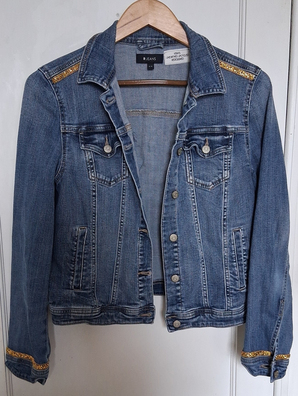 R. Jeans Women's Blue Denim Jacket Upcycled Gold Trim Accents & Embroidery Patch